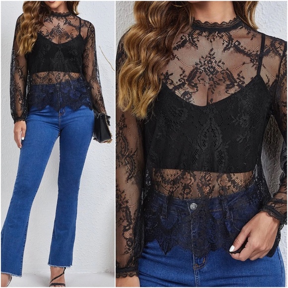 Romantic Sheer Floral lace Long sleeve Blouse - Picture 2 of 10